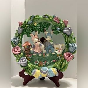 Vintage Easter Wreath Bunny Resin 12" Easter Bunnies Eggs Flowers Birds